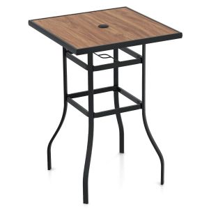 Table De Bar Carr&eacute;e De Jardin 70 X 70 X 102 Cm Avec Trou Pour Parasol Robuste Style Contemporain En M&eacute;tal Noir Naturel Helloshop26 20_0020468 - Neuf