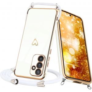 Collier Cordon Coque Pour Samsung Galaxy A55 5g Motif Coeur D'amour Mignon Galaxy A55 5g Laniere Avec Cordon Reglable Lanyard Silicone Anti-Chute Housse Etui Pour Samsung A55 5g, Blanc - Neuf