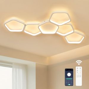 Subzonal-Plafonnier Led Moderne, 58w 3000k-6500k Lampe De Plafond Dimmable, 5 Anneaux Design Chambre Eclairage Luminaire Plafonnier Avec Telecommande App Pour Salon Bureau Cuisine Couloir - Neuf