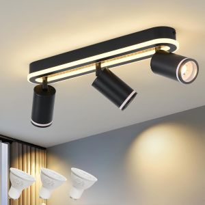 Sanshi Plafonnier Led,2 Spot Orientables, Spots De Plafond Pivotant 350°,Éclairage De Plafond Luminaire Avec Lueur Inférieure 15w+ 2x 5w Gu10,Applique Murale 3000k Blanc Chaud Pour Salon Cuisine,Blanc - Neuf