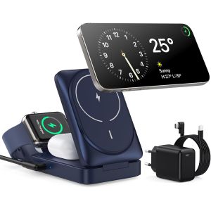 3 En 1 Chargeur Sans Fil Avec Mag-Safe, Station De Charge Certifi&eacute; Qi2, Pliable Chargeur Induction Sans Fil Pour Iphone 16 15 14 13 12, Apple Watch, Airpods Pro Avec Adaptateur Rapide - Neuf