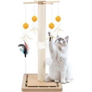 Arbre ¿¿ Chat En Bois, Griffoir Pour Chat Poteau Avec Balle Suspendue Et Poteau, Poteau En Sisal, Avec Pompon, 63x30x30cm - Neuf