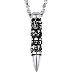 Kal-Collier Tête De Mort Homme Pendentif Crâne Moto/Balle De Fusil/Tête De Démon Satanique En Or/Noir/Acier Inoxydable Avec Chaîne Réglable 55+5 Cm Bijoux Gothique Hip Hop Pour Unisex - Neuf