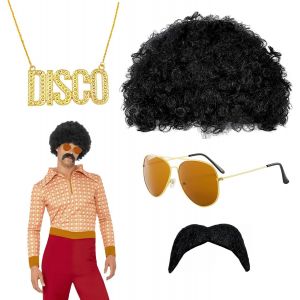 Trahoo-4 Pcs Ensemble De Costume Hippie, Perruque Afro Deguisement Hippie Homme Perruque Hippie, Deguisement Annee 80, Hippie Perruque Costume Set,Perruque Disco Pour Halloween Fêtes Carnaval - Neuf