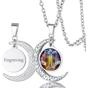 Kal-Collier Signe Astrologique Femme,Pendentif Demi Lune Style Zodiaque Or/Acier Inoxydable Avec Chaîne 50+5 Cm,Bijoux Horoscope Porte Bonheur Cadeau Anniversaire Pour Femmes Enfant Fille - Neuf
