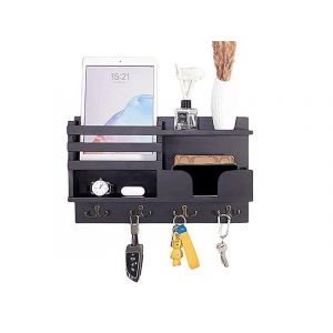 Porte-cl&eacute;s et porte-courrier mural en bois noir avec crochets et bo&icirc;te de rangement - Neuf