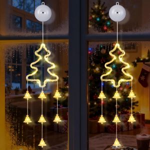 Lot De 2 Illumination Noël Pour Fenêtres Avec Arbe, 18 Led Guirlande Rideau Lumineux À Piles Avec Ventouses, 8 Modes, Minuterie, Decoration Noel Intérieur (Blanc Chaud)[Z170] - Neuf