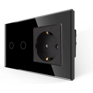 Prise avec interrupteur tactile en verre noir avec prise Schuko encastr&eacute;e-Interrupteur mural &agrave; 2 voies avec LED d'&eacute;tat-500 W/compartiment - Neuf