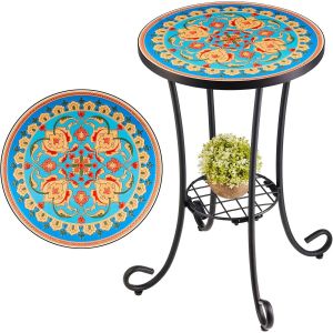 NouvelHorizonstore-Table d'Appoint en Mosa&iuml;que Support de Plantes Plateau en C&eacute;ramique 35,5&times;55cm D&eacute;coration de Patio Porche Terrasse Jardin pour Int&eacute;rieur Ext&eacute;rieur avec Etag&egrave;re Salon Rouge Jaune Ble - Neuf