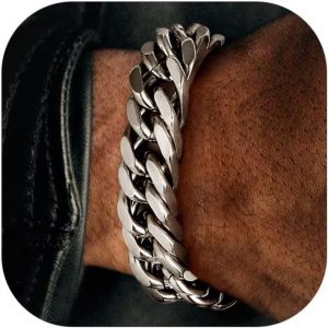 Eryi-Chaîne Bracelet Homme En Acier Inoxydable 19/21/23 Cm - Grosse Gourmette À Maille Cubaine De 8/12/17 Mm - Bijou Punk Cadeau Parafit - Neuf