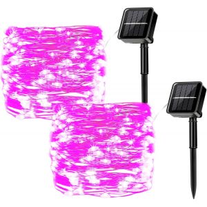 Kal-2pcs Guirlandes Lumineuses Solaires Pour L`Extérieur, 12m / 39ft 100 Leds Guirlandes Lumineuses Étanches 8 Modes Guirlandes Lumineuses Solaires (Rose) - Neuf
