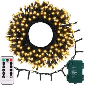 JGD-Guirlande lumineuse de No&euml;l aliment&eacute;e par piles, 10 m, 100 LED, fil vert avec t&eacute;l&eacute;commande, minuterie &agrave; intensit&eacute; variable, 8 modes, lumi&egrave;res de No&euml;l pour arbre de mariage, couronne de f&ecirc;te, - Neuf