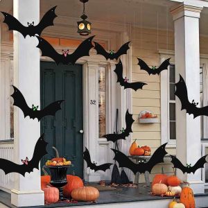 CAUC-Lot de 12 chauves-souris volantes &agrave; suspendre avec yeux brillants et rouleau de ligne pour d&eacute;corations d'Halloween, jardin, f&ecirc;te, cour, arbre (3 tailles, S, M, L) - Neuf