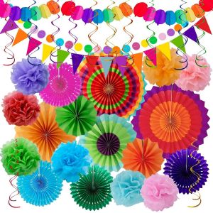Mevronisshop-D&eacute;coration De F&ecirc;te Color&eacute;e Pour Les F&ecirc;tes Les Anniversaires Et Les Carnavals - 33 Pi&egrave;ces Avec Des &Eacute;ventails En Papier Suspendus, Des Pompons, Des Rubans En Tissu Et Des Guirlandes De Fan - Neuf