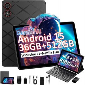 Android 15 Tablette, Tablette 11 Pouces Avec Carte Sim, 36Gb+512Gb (Tf 1Tb), 4G Lte Et 5G Wifi, Widevine L1, 2000 * 1200 Ips, 8000Mah/8Mp+13Mp/Otg/Gps, Tablet Avec Clavier/Souris/Etui - Noir - Neuf