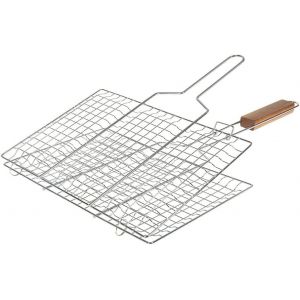 KAL-Grille De Barbecue Double Quadrillé Inox Poignée Bois Argent , 22 X 34 Cm, Nc - Neuf