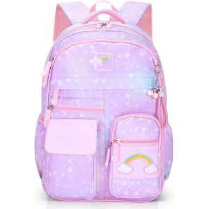 Cartable Fille Primaire,Sac a dos Enfants Fille 40 x 30 x 17 cm,Joli Cartable à Compartiments pour Fille,Enfant,étudiants de L'école élémentaire,Lilas - Neuf