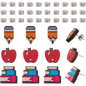 Kal-Pandahall Lot De 30 Fermoirs De Boucles D'oreilles En Bois En Acier Inoxydable U2013 Forme De Pomme, Livre, Crayon U2013 Appr&ecirc;t De Boucles D'oreilles - Neuf