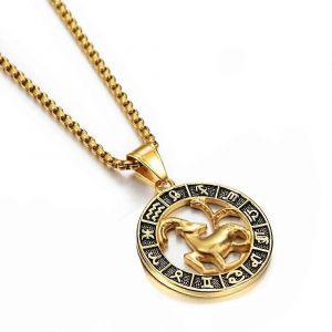 Signe Du Zodiaque Lion Scorpion Pendentif Collier Pour Femmes/Hommes Couleur Or Acier Inoxydable Rond 12 Constellation Colliers Dropshipping - Neuf