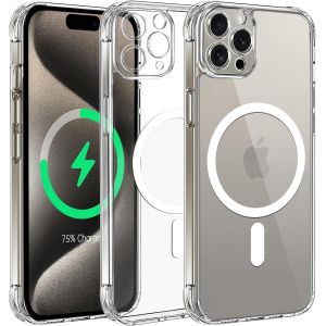 Magnétique Coque Protection Caméra Pour Iphone 15 Pro Compatible Avec Magsafe Charge Sans Fil, Anti-Jaune Antichoc Anti-Rayures Étui Housse Pour Iphone 15 Pro, Transparente - Neuf