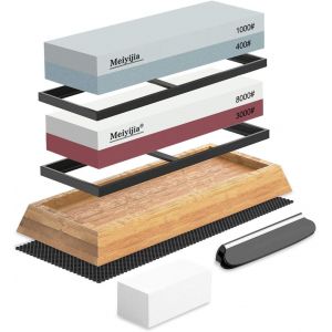 Mevronisshop-Pierre &Agrave; Aiguiser 2 En 1 Aiguiseur Couteaux Base En Bambou Antid&eacute;rapante Pierre &Agrave; Aplatir, Guide D'angle (3000/8000+400/1000 Ensemble) - Neuf