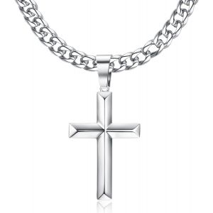 Trahoo-Collier Croix Chrétienne Homme Femm Pendentif Croix En Argent 925 Avec 5mm Large Acier Inoxydable Chaine Argent Homme 40/45/50/55/60cm - Neuf