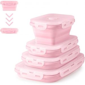 4 Pcs Bo&icirc;te &Agrave; Lunch Pliante En Silicone R&eacute;tractable R&eacute;cipients Alimentaires En Silicone R&eacute;tractable D&eacute;jeuner Bento Box Stockage De Nourriture Bo&icirc;te Stockage (Rose O2) - Neuf