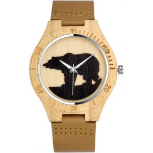 Eryi-Montre En Bois De Bambou Homme, Bracelet Brun En Cuir Pleine, Cadran Grain De Bois Et Motif Ours Noir, Le Bois Original Montre Bracelet, Montre À Quartz - Neuf