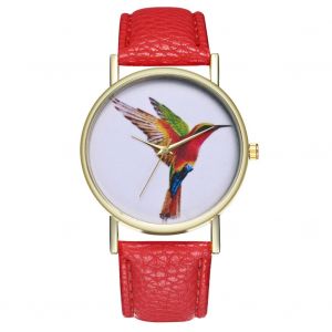 Montre-Bracelet Zhoulianfa Pour Homme Et Femme, En Cuir Synthetique, Decontractee, Motif Perroquet, Cadran Rond, Rouge - Neuf