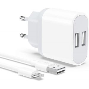 Eryi-Chargeur For Iphone, Prise Usb Avec Cable 2m Pour Iphone 8 7 6 6s Plus Xr X Xs 11 12 13 14 Pro Max Mini Se 5 5s, Pad, 2-Pack 5v 2.1a Double Usb Charger Adaptateur Secteur Mural Alimentation - Neuf
