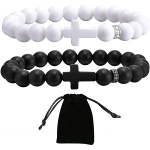 Kal-2 Pi&egrave;ces Bracelets De Perles, 1 Pi&egrave;ce Sac &Agrave; Bijoux, Bracelet Croix, Bracelet &Eacute;lastique, Unisexe, Bijoux Fantaisie, Bracelet De Perles - Neuf