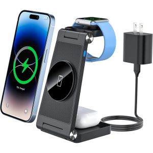 Mag-Safe Wireless Charger 3 in 1 Charging Station with 18W AC Adapter Compatible with iPhone 15/14/13/12 Pro Max Plus, Floating Travel Charging Station for Apple Watch and Air Pods - Neuf
