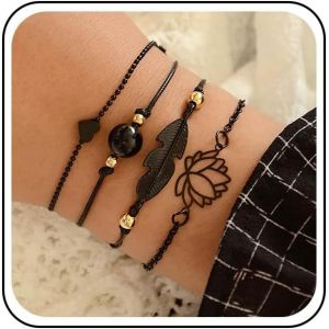 Kal-Bracelets En Forme De Lotus Avec Plumes Noires Bracelets Gothiques En Forme D'étoiles Bracelets De Plage Tressés Ajustables Pour Femmes Et Filles (4 Pcs) - Neuf