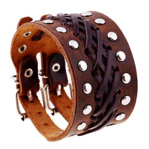 Zense - Bracelet De Force Homme Biker En Cuir Ajustable Marron Zb0325 - Neuf