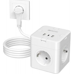 Cube multiprise avec 3 USB, 4 prises plates avec interrupteur individuel, multiprise avec USB C, cube d'alimentation 7 en 1 avec câble de 2 m, multiprise pour bureau, voyage, blanc - Neuf