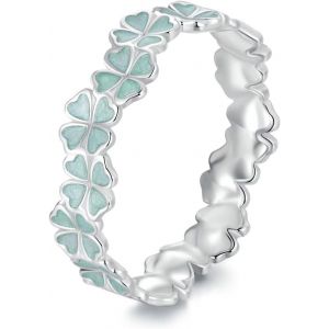 Kahfl-Bague Femme En Argent 925 Sterling-Tr&egrave;fle Porte-Bonheur &Eacute;maill&eacute; Vert Bagueanneau Superposable Hypoallerg&eacute;nique-Cadeau Pour Fille,Petite-Fille Ou &Eacute;pouse - Neuf