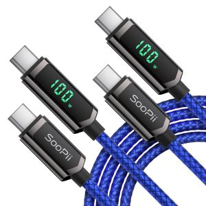 C&acirc;ble Usb C Vers Usb C 100W, (3 M 2Pack) Type C Nylon Tress&eacute; C&acirc;ble Avec Affichage Led Pour Lphone 15/15 Plus, Macbook Pro, Galaxy S22/S10, Pixel, Lg - Neuf