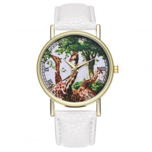 Montre-Bracelet Zhoulianfa A Quartz Avec Cadran Rond En Pu Et Motif Girafe Pour Homme Et Femme (Blanc) - Neuf