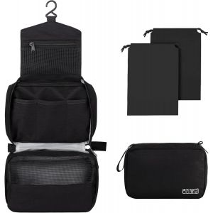KALANKA-Trousse de Toilette Homme Femme Voyage, Trousses Toilette Grande Capacité à Suspendre avec Crochet et Poignée, 1 Trousse de Toilette + 2 Sac à Cordon, Noir - Neuf