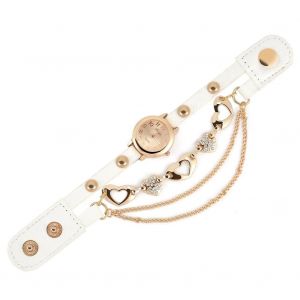 Femmes Quartz Pu Alliage Coeur Strass Cadran Rond Bracelet Montre Cha&icirc;ne (Blanc) - Neuf