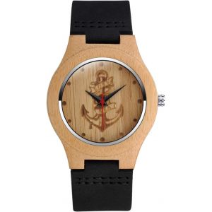 Eryi-Montre À Quartz En Bois De Bambou, Montres En Bois Pour Homme Et Femme, Montre À Motif Ancre, Bracelet En Cuir, Cadran De Bois, Montre Décontractée Décorative - Neuf
