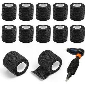 12 Pi&egrave;ces Grip Tape,Bandage Autoadh&eacute;sif Bande Cohesive 5cm X 4.5m Sports Bande Elastiques Adh&eacute;sives De Tatouage Poign&eacute;e De Grip Bandes Tatouage Grip Tape Pour Fournitures De Tatouage,Noir - Neuf