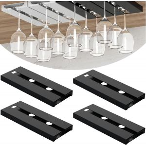CAUC-4 Pi&egrave;ces Porte Verre &agrave; Vin Suspendu, Support de Verre &agrave; Vin Sous Armoire Sans Per&ccedil;age Porte-Verres &agrave; Pied Suspendu Auto-adh&eacute;sif Accroche-verres Pour &eacute;tag&egrave;re Pour Bar Cuisine Restaurant (Noir) - Neuf