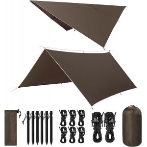 Eryi-Bâche Anti-Pluie, 3x3m/3x5m Camping Bâche Rain Tarp, Toile De Tente Imperméable Anti-Uv, Léger Portable, Avec 9 Ou 15 Oeillets + Clou En Aluminium + Corde À Vent, Randonnée, Hamac, Extérieur - Neuf