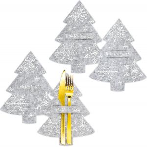 Porte-Couverts En Feutre Motif Sapin De Noël-Couleur Grise Avec Impression De Qualité Supérieure-Décoration De Table-Kit 3 - Neuf