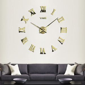 TZF-Bricolage Horloge Murale Grande Horloge Moderne sans Cadre Chiffres Romains 3D Miroir Autocollant Horloge Murale pour Bureau Décor à La Maison - Neuf