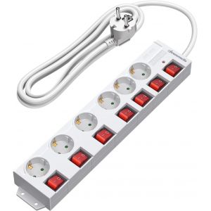 Multiprise 6 Prises avec 7 Interrupteurs Individuel, 3680W Max, Montage Mural, S&eacute;curit&eacute; Enfants, Rallonge Multiprise Parafoudre et Surtension avec C&acirc;ble 3M & Prises 90&deg;, Blanc - Neuf