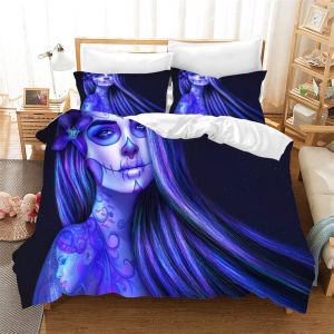 Parure De Lit Tendance Motif T&ecirc;te De Mort, Jaune, Violet Et Bleu, 3 Pieces (1 Housse De Couette + 2 Taies D'oreiller 50 X 75 Cm) - Neuf