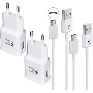 JGD-Kit Chargeur Adaptive Charge Rapide Compatible avec Samsung Tablette/T&eacute;l&eacute;phone Galaxy S7/S7 Edge/S6/S6 Plus/A6/J7/J3/Note5 4, USB 2.0 Chargeur Chargeur Rapide M&acirc;le et C&acirc;ble Micro USB 1.5m (2-Pack - Neuf