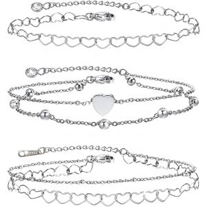 Bracelet Cheville Femme Argent 3pcs Chaine De Pied Femme Coeur Bracelets De Cheville En Acier Inoxydable Femme Chaine De Cheville Double Argent Anklet Réglable 20+5cm Avec 3 Boîtes - Neuf
